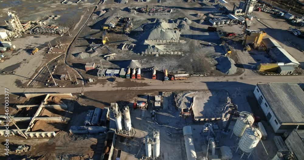 Aerial view of the concrete plant. Gravel and cement production. Aerial view of the concrete plant. Gravel and cement production.