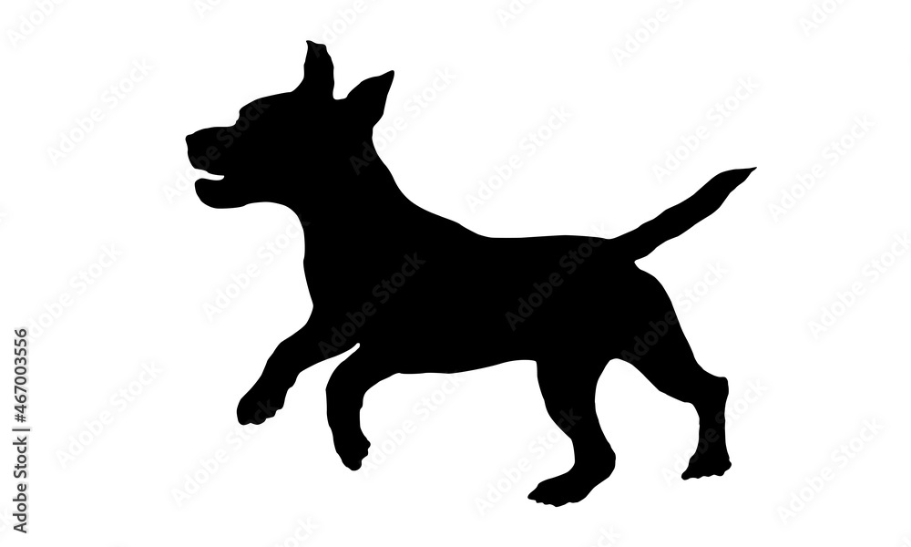 Black dog silhouette. Running english beagle puppy. Pet animals. Isolated on a white background. Vector illustration.