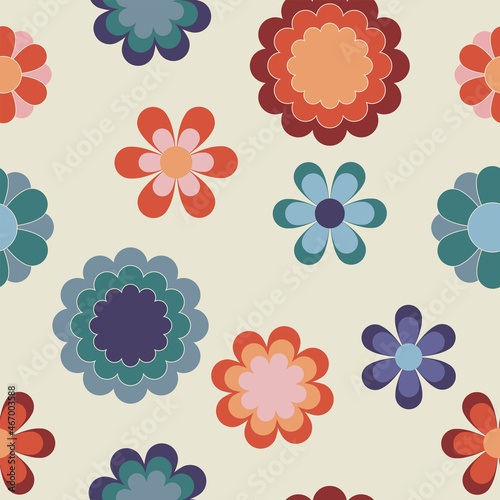 Abstract retro floral seamless pattern. Colorful vector illustration. Groovy geometric flowers, hippie style. 60s, 70s