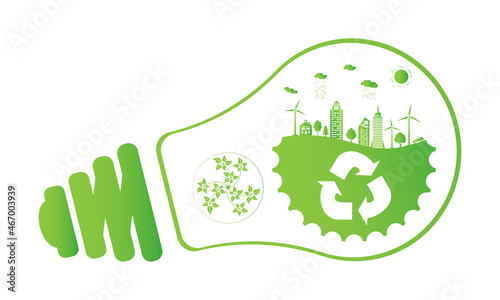 Silhouette green city with renewable energy sources. Ecological city and environment conservation. Green city inside the electric bulb. Vector illustration.
