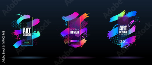Vector frame for text. Modern Art graphics. Dynamic frame stylish geometric black background. Element for design gift or business card, invitation, flyer, brochure, poster, magazine. Music neon style