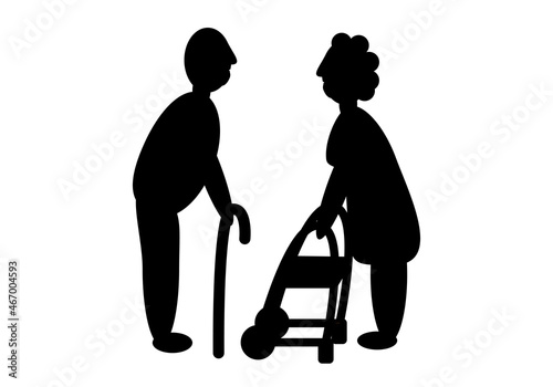Siluetas negras de ancianos o personas mayores o pensionistas o abuelos. Silueta negra de hombre y mujer de la tercera edad con cachava y andador sobre fondo blanco. Geriatría