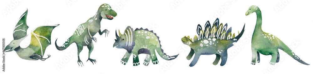 Obraz premium Watercolor dinosaurs silhouettes. Set of dinosaurs isolated on white background. illustration.
