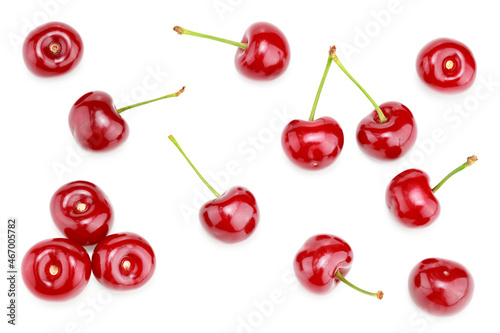 red cherry isolated on white background. clipping path. top view