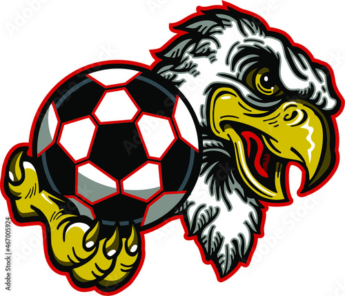 eagle team mascot holding a soccer ball for school, college or league