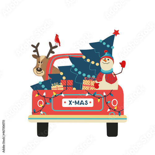 Christmas Holiday pickup truck delivery vector icon. Cute cheerful deer snowman deliver Christmas tree present gift boxes by red truck playful cartoon illustration. New Year Winter holidays background