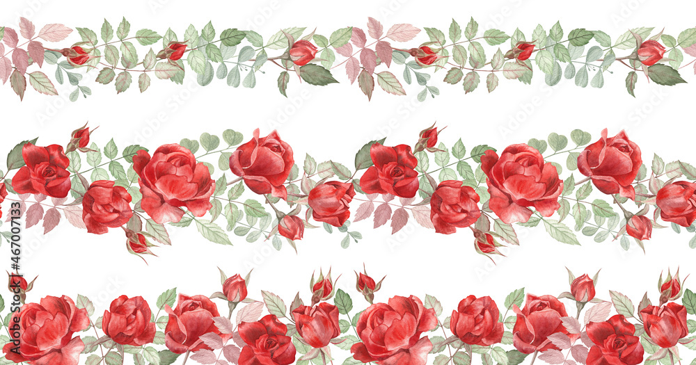 Three seamless borders and garlands of the red roses, painted in watercolor, isolated on white. Beautiful natural patterns for stationery, wedding invitations, valentine cards. 