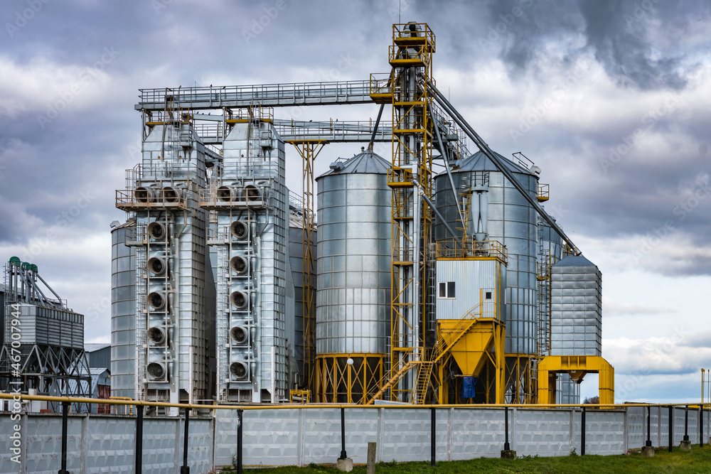 modern granary elevator and seed cleaning line in silver silos on agro-processing and manufacturing plant for storage and processing drying cleaning of agricultural products, flour, cereals and grain modern granary elevator and seed cleaning line in silver silos on agro-processing and manufacturing plant for storage and processing drying cleaning of agricultural products, flour, cereals and grain
