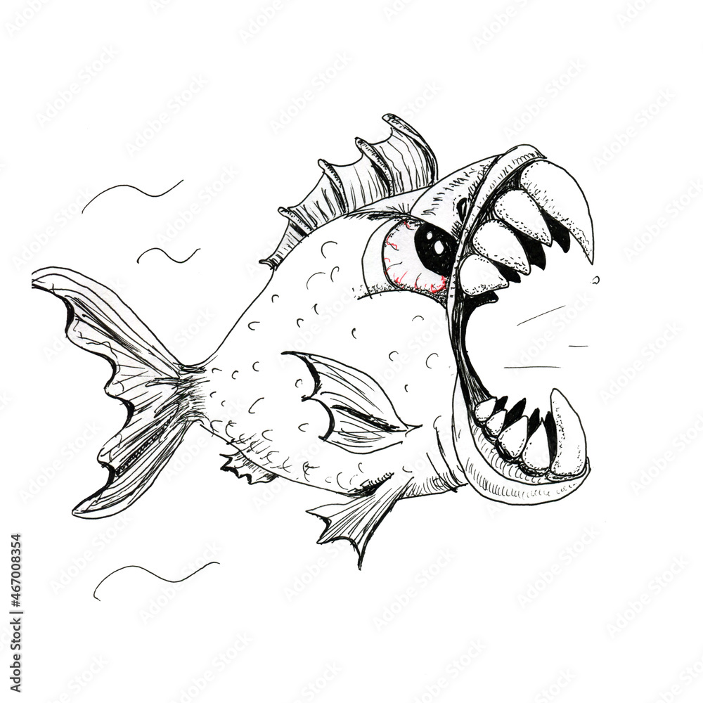 Graphic drawing of a toothy piranha fish with a wide open mouth. Stock ...