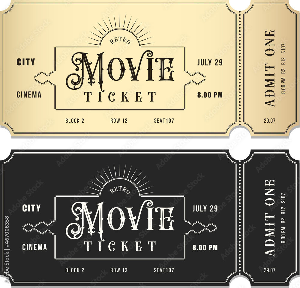 Vecteur Stock Vintage style cinema ticket templates set in light and dark  background. Vector, can be used for printing. | Adobe Stock