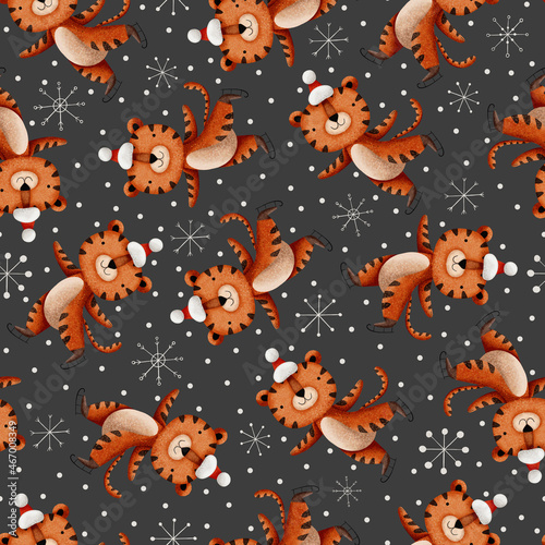 Seamless pattern with tiger and snowflakes.
