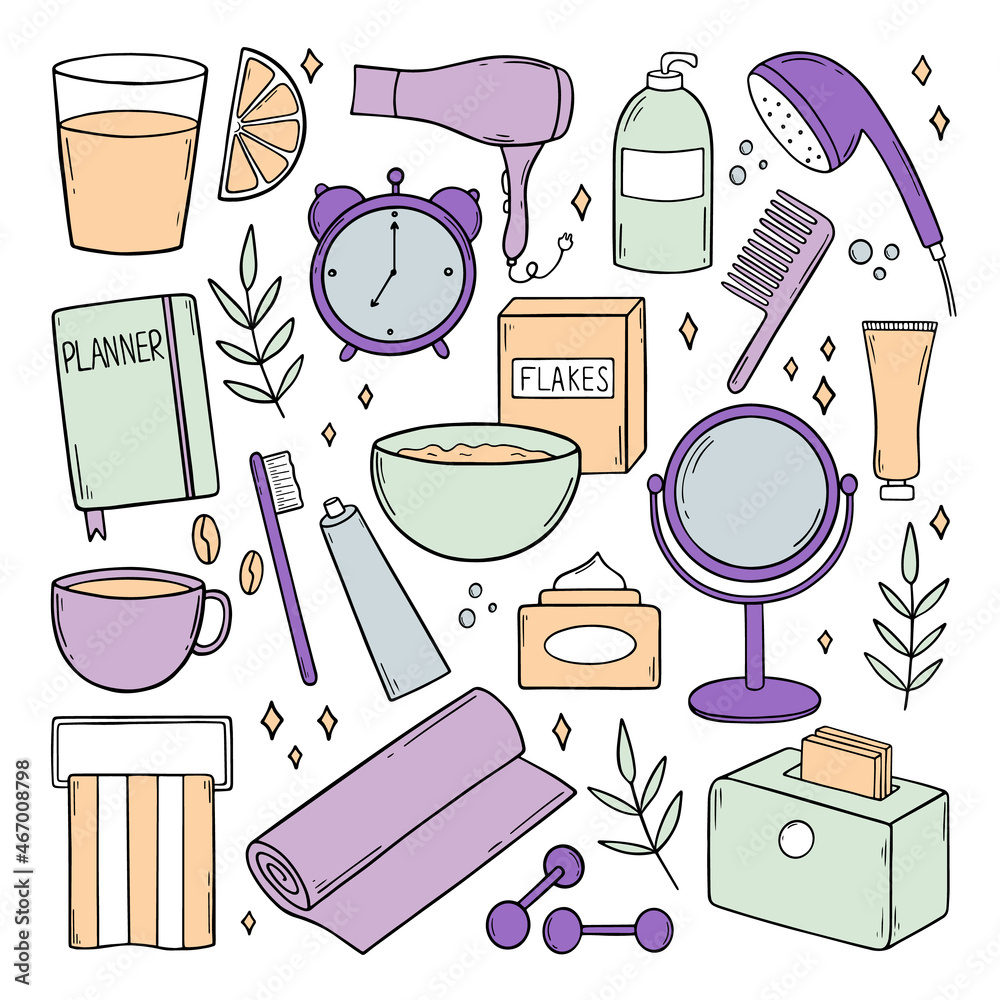 Set of morning routine doodles. Home activity: planning, drinking lemon ...