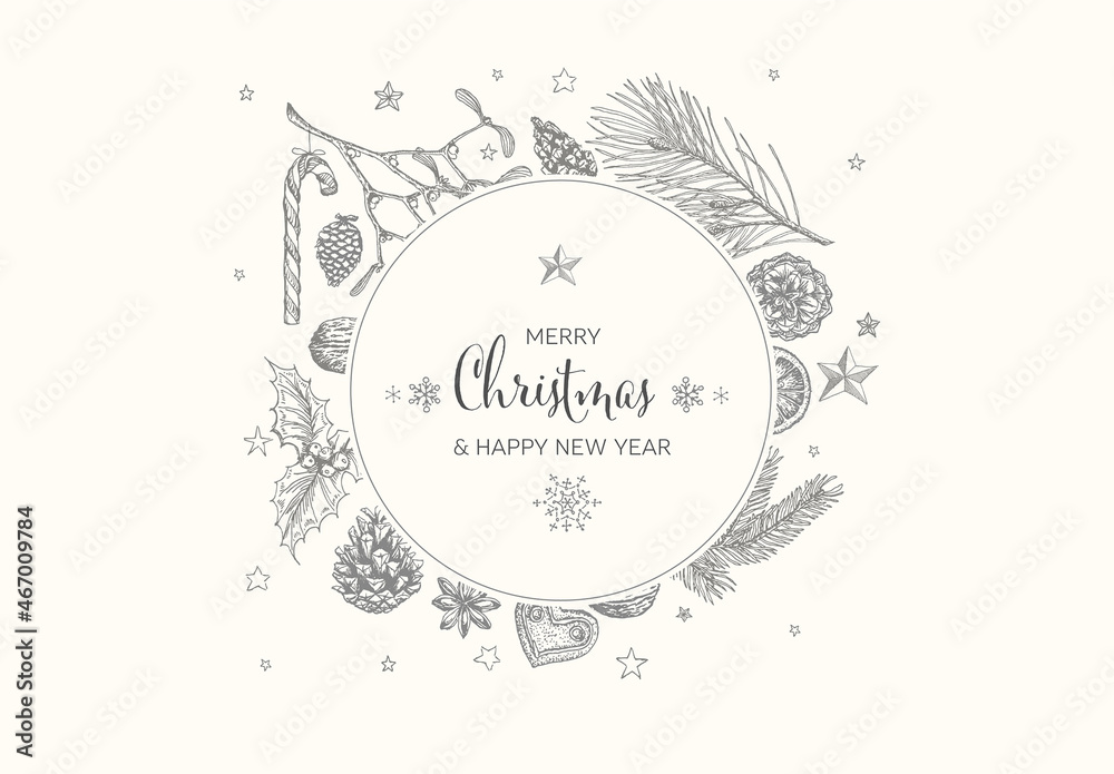 Vector Vintage Hand Drawn Christmas Card with Various Seasonal Items ...