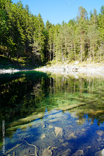 an emerald-green little lake near lake Eibsee by the foot of mountain Zugspitze in Bavaria (Garmisch, Bavaria, Germany)		