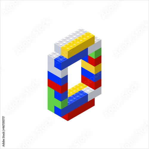 Isometric letter 0 assembled from plastic blocks. Vector illustration.