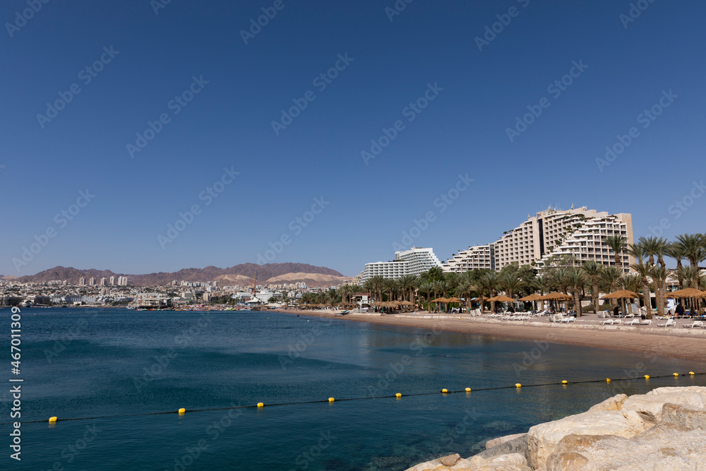 View of Eilat hotels and beach.
