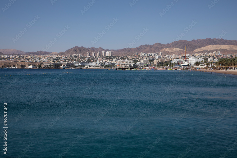 View of the port and Eilat city. International resort in south of Israel.