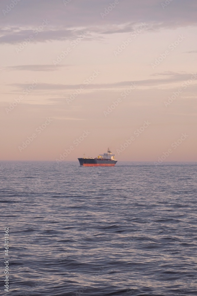 Obraz premium Gulf of Finland - 06 02 2020: Oil tanker underway in the Baltic sea to the next port for discharging