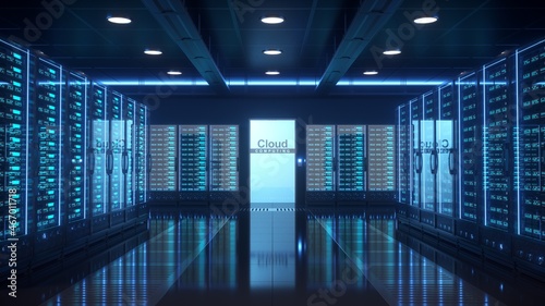 Modern data center interior. Security in the internet of things. 