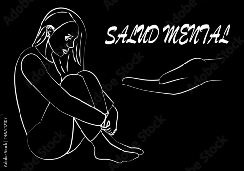 Salud mental. Joven adolescente sentada en el suelo abrazándose las piernas, cabizbaja y con mirada triste y deprimida en trazo blanco sobre fondo negro. Psicología o psiquiatría. 