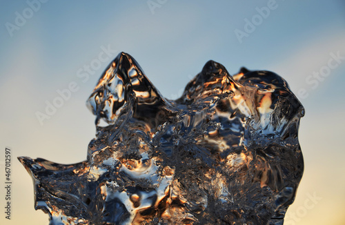 Crystal  golden ice. Winter. Russia.