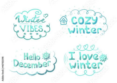 Vector illustration. Winter lettering set. A set of inscriptions on the winter theme. Blue font with shadow, snowflakes, cozy symbols. Lettering, handwritten text. Printing of postcards, posters.
