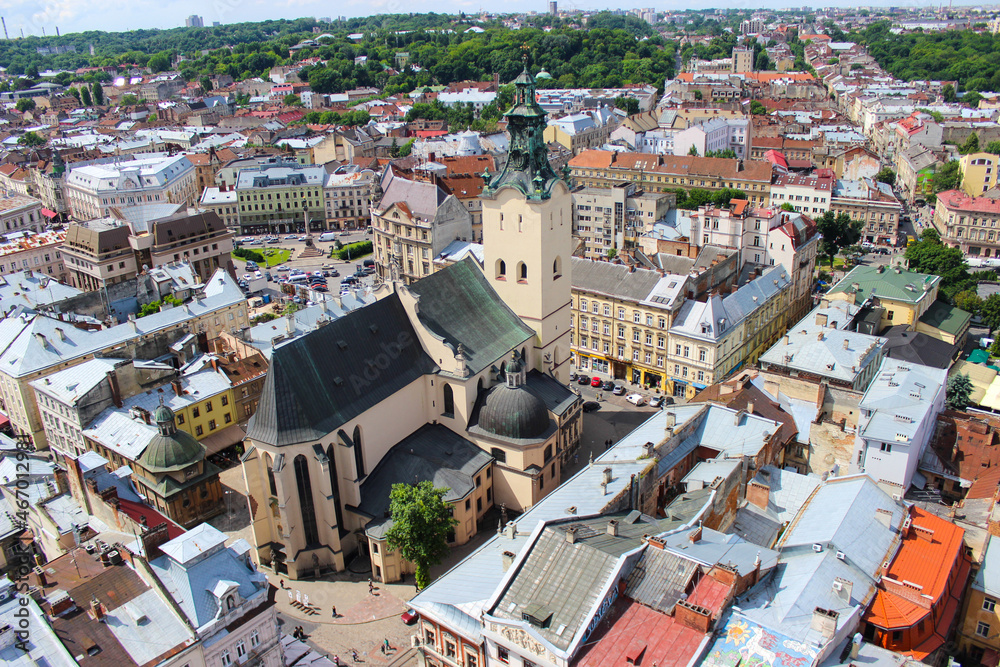 View of the city of Lviv from the town hall. Lions view from above. Rynok Square