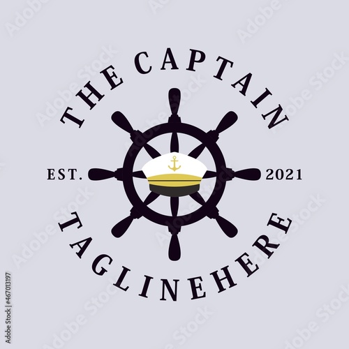 Captain's hat logo. Ship steering wheel icon. Wooden wheel steering logo. Old concept design. Retro vintage. Vector illustration template design