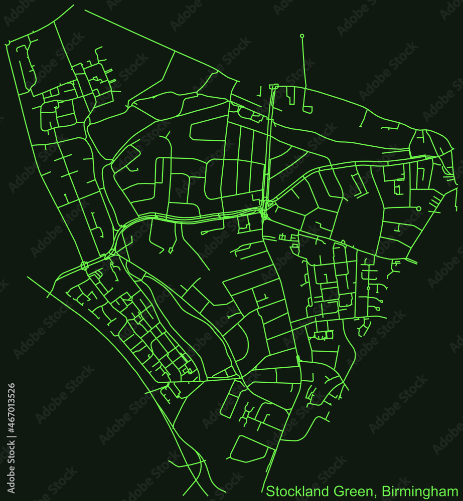 Detailed emerald green navigation urban street roads map on dark green background of the quarter Stockland Green neighborhood of the English regional capital city of Birmingham, United Kingdom