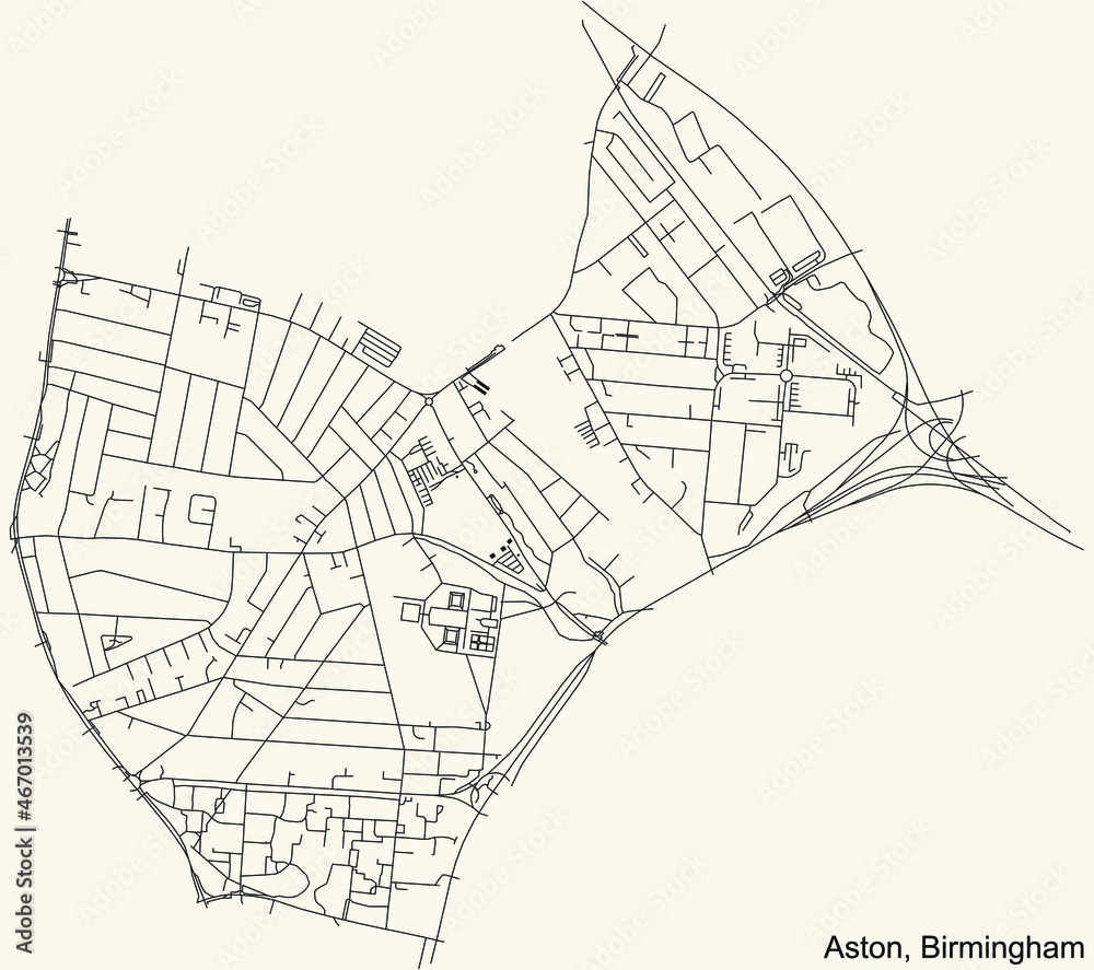 Detailed navigation urban street roads map on vintage beige background of the quarter Aston neighborhood of the English regional capital city of Birmingham, United Kingdom