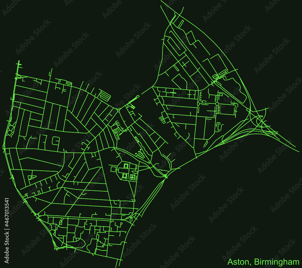 Detailed emerald green navigation urban street roads map on dark green background of the quarter Aston neighborhood of the English regional capital city of Birmingham, United Kingdom