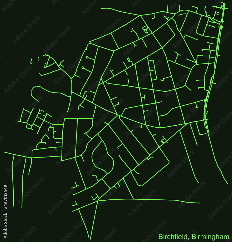 Detailed emerald green navigation urban street roads map on dark green background of the quarter Birchfield neighborhood of the English regional capital city of Birmingham, United Kingdom