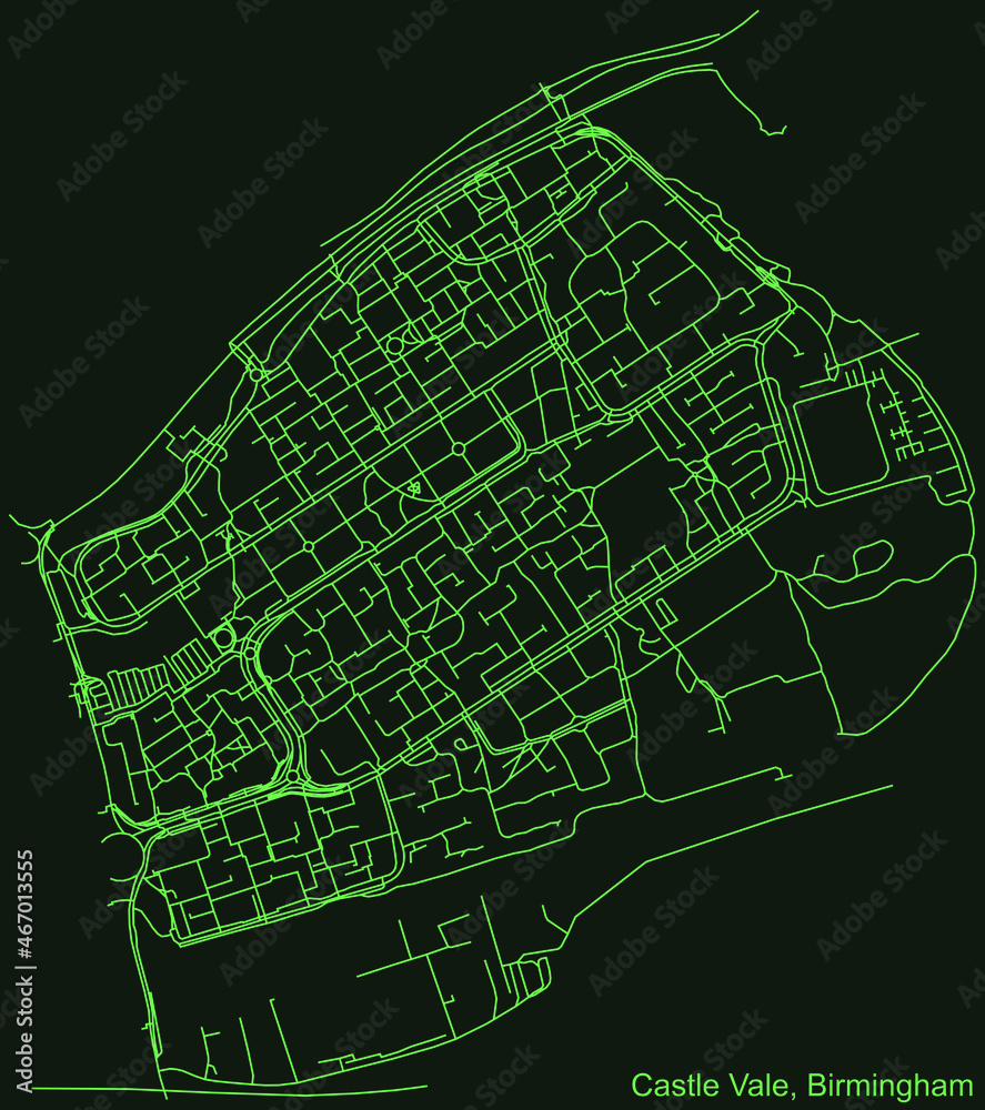 Detailed emerald green navigation urban street roads map on dark green background of the quarter Castle Vale neighborhood of the English regional capital city of Birmingham, United Kingdom