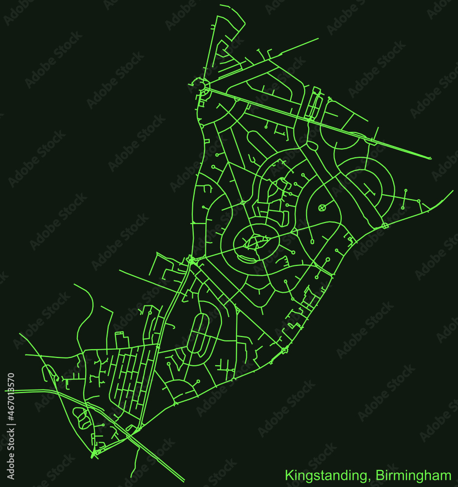 Detailed emerald green navigation urban street roads map on dark green background of the quarter Kingstanding neighborhood of the English regional capital city of Birmingham, United Kingdom