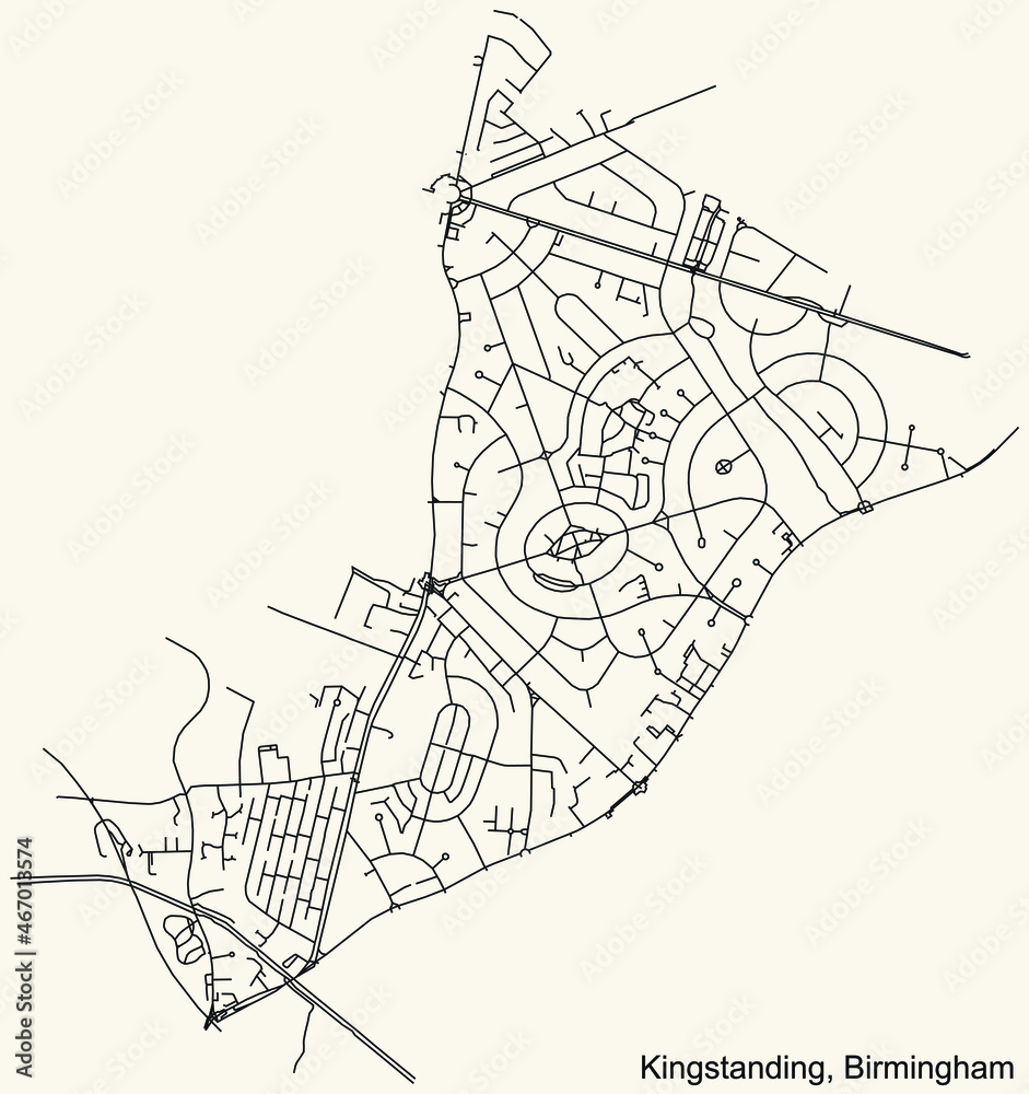Fototapeta premium Detailed navigation urban street roads map on vintage beige background of the quarter Kingstanding neighborhood of the English regional capital city of Birmingham, United Kingdom