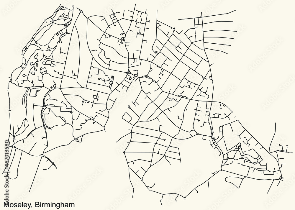 Detailed navigation urban street roads map on vintage beige background of the quarter Moseley neighborhood of the English regional capital city of Birmingham, United Kingdom