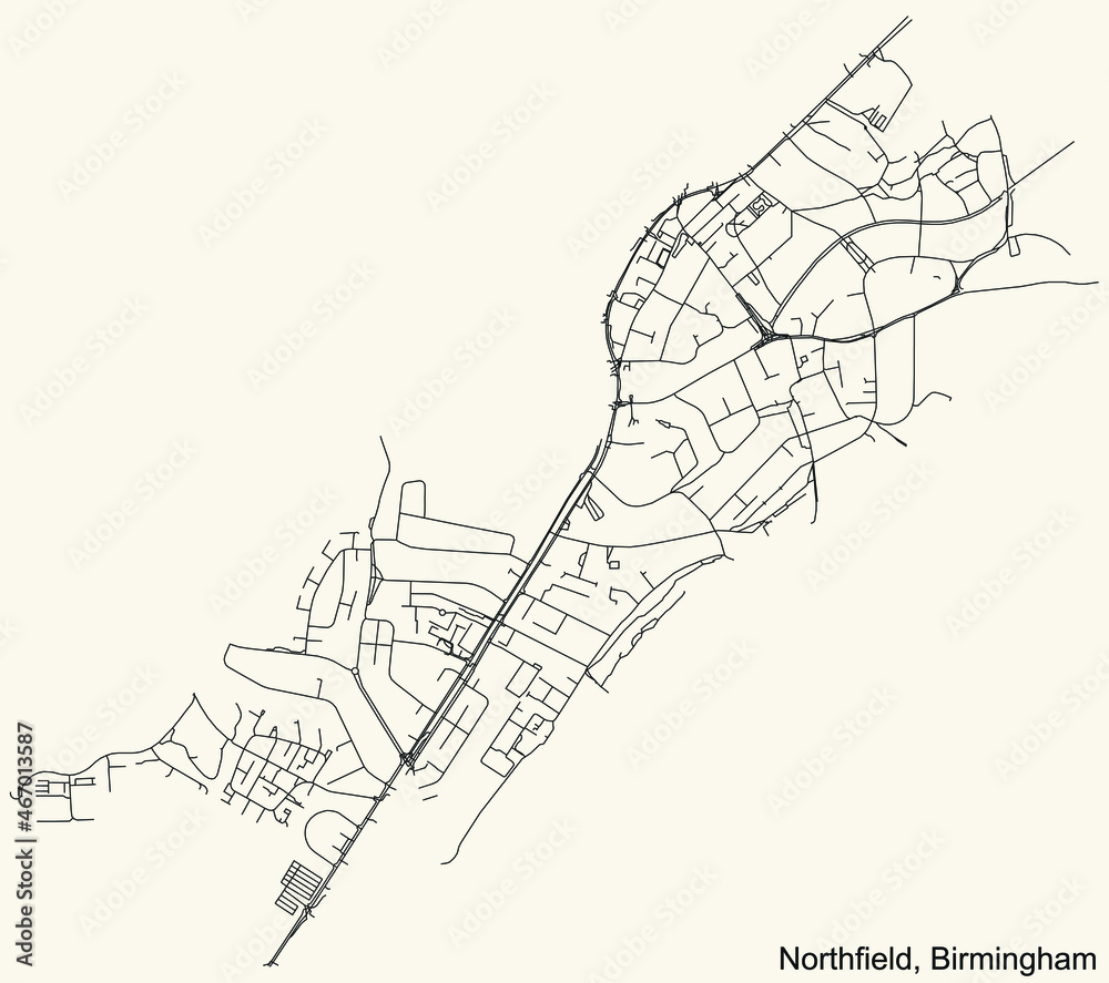 Detailed navigation urban street roads map on vintage beige background of the quarter Northfield neighborhood of the English regional capital city of Birmingham, United Kingdom