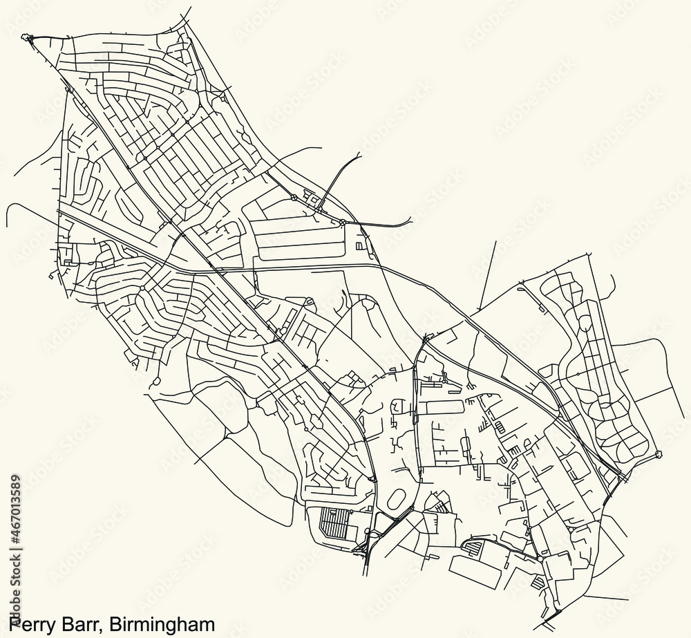 Detailed navigation urban street roads map on vintage beige background of the quarter Perry Barr neighborhood of the English regional capital city of Birmingham, United Kingdom