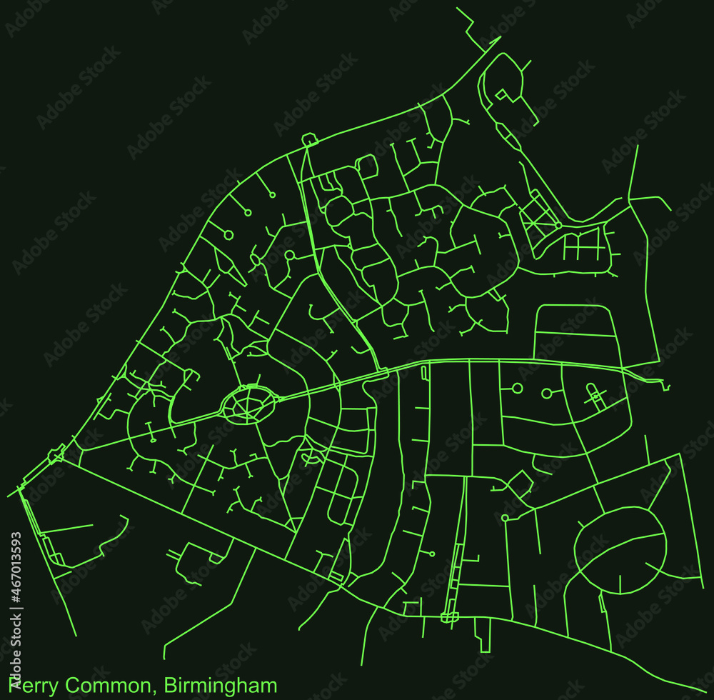 Detailed emerald green navigation urban street roads map on dark green background of the quarter Perry Common neighborhood of the English regional capital city of Birmingham, United Kingdom