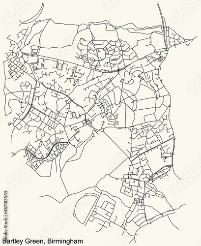 Detailed navigation urban street roads map on vintage beige background of the quarter Bartley Green neighborhood of the English regional capital city of Birmingham, United Kingdom photo