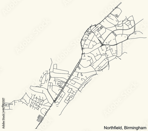 Detailed navigation urban street roads map on vintage beige background of the quarter Northfield neighborhood of the English regional capital city of Birmingham  United Kingdom