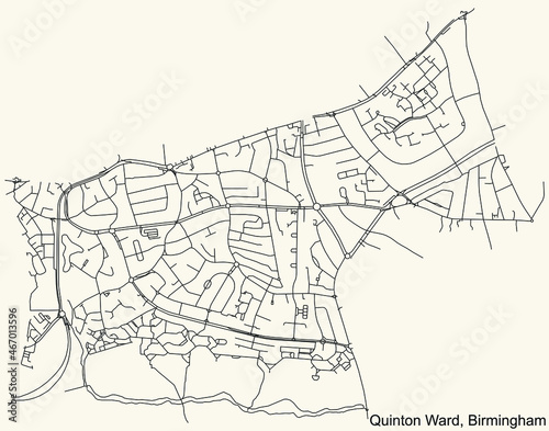 Detailed navigation urban street roads map on vintage beige background of the quarter Quinton neighborhood of the English regional capital city of Birmingham, United Kingdom