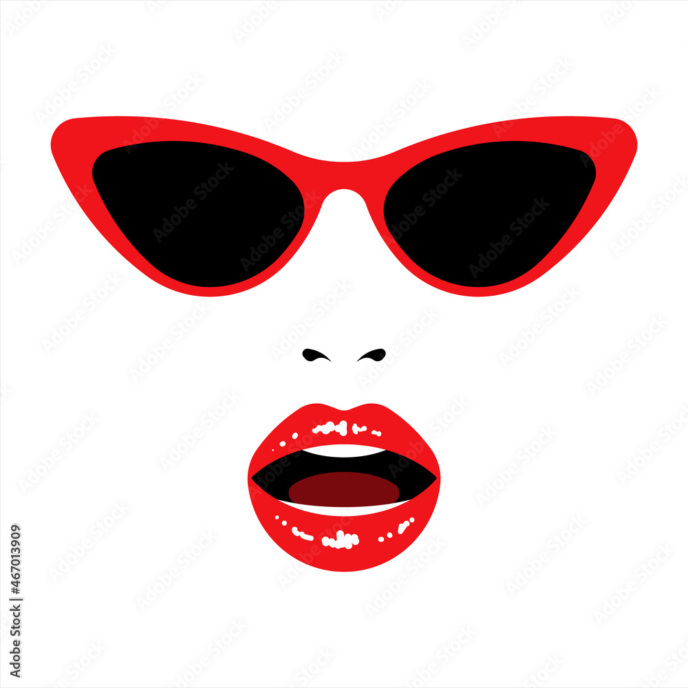 Abstract art poster with female face red lips, teeth, modern