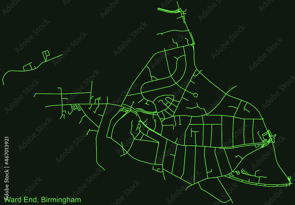 Detailed emerald green navigation urban street roads map on dark green background of the quarter Ward End neighborhood of the English regional capital city of Birmingham, United Kingdom