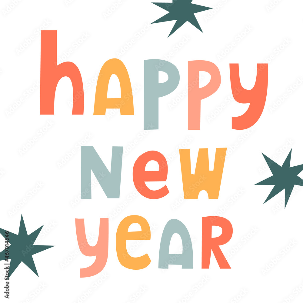Vector holiday card template. Happy New Year text. Doodle festive card with stars. Vector holiday card template. Happy New Year text. Doodle festive card with stars.