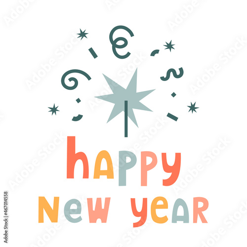 Vector holiday card template with Bengal fire sparkler. Happy New Year text. Flat style festive card.