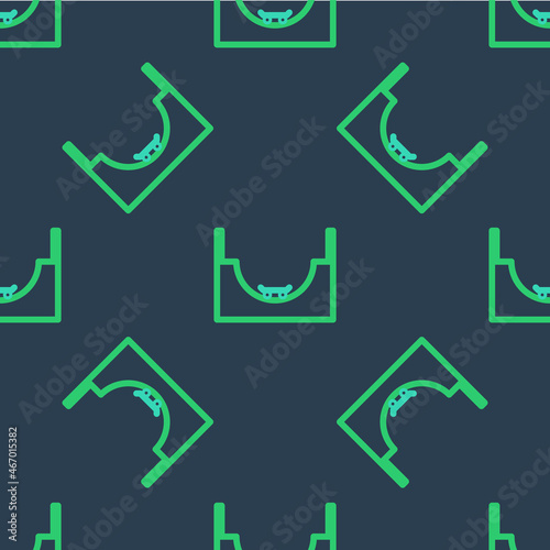 Line Skate park icon isolated seamless pattern on blue background. Set of ramp, roller, stairs for a skatepark. Extreme sport. Vector