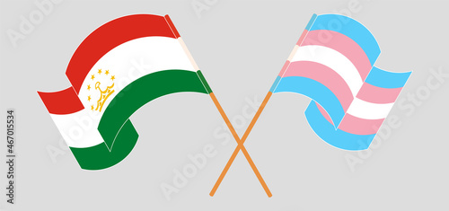 Crossed flags of Tajikistan and transgender pride. Official colors. Correct proportion.