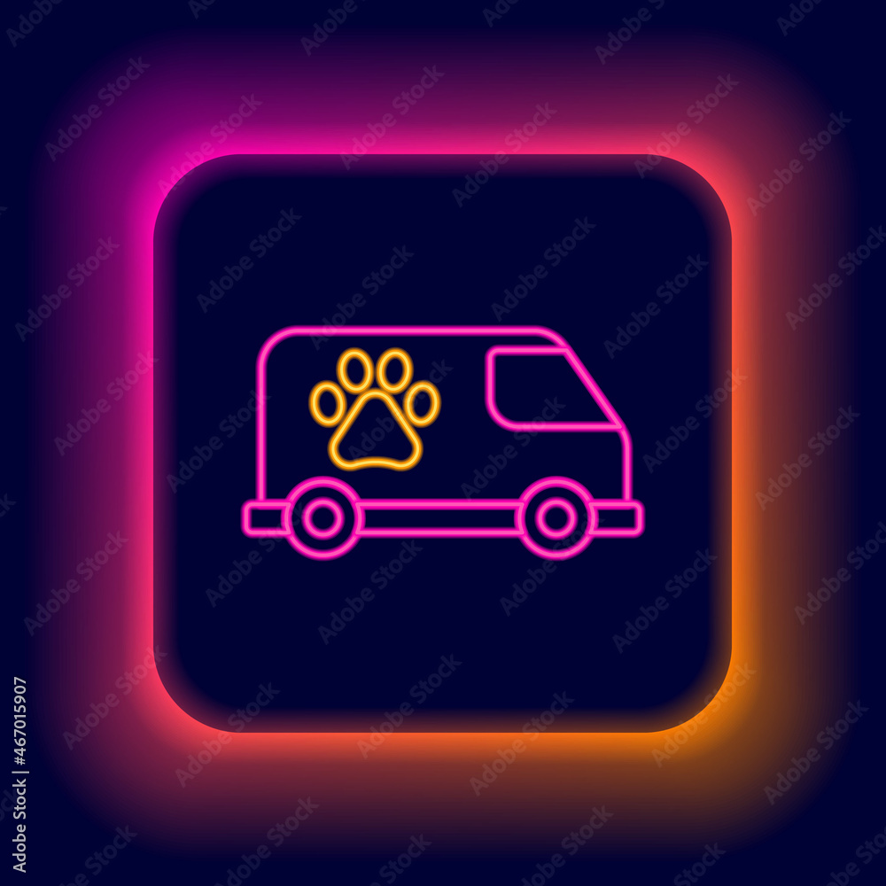 Glowing neon line Veterinary ambulance icon isolated on black background. Veterinary clinic symbol. Colorful outline concept. Vector