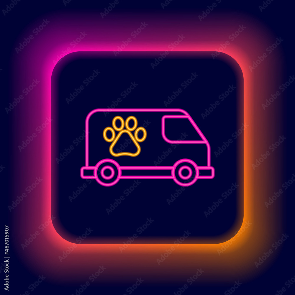 Glowing neon line Veterinary ambulance icon isolated on black background. Veterinary clinic symbol. Colorful outline concept. Vector Glowing neon line Veterinary ambulance icon isolated on black background. Veterinary clinic symbol. Colorful outline concept. Vector